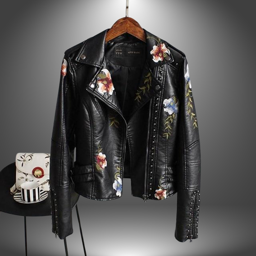 Alison | Handgefertigte Lederjacke mit Bestickten Blumen