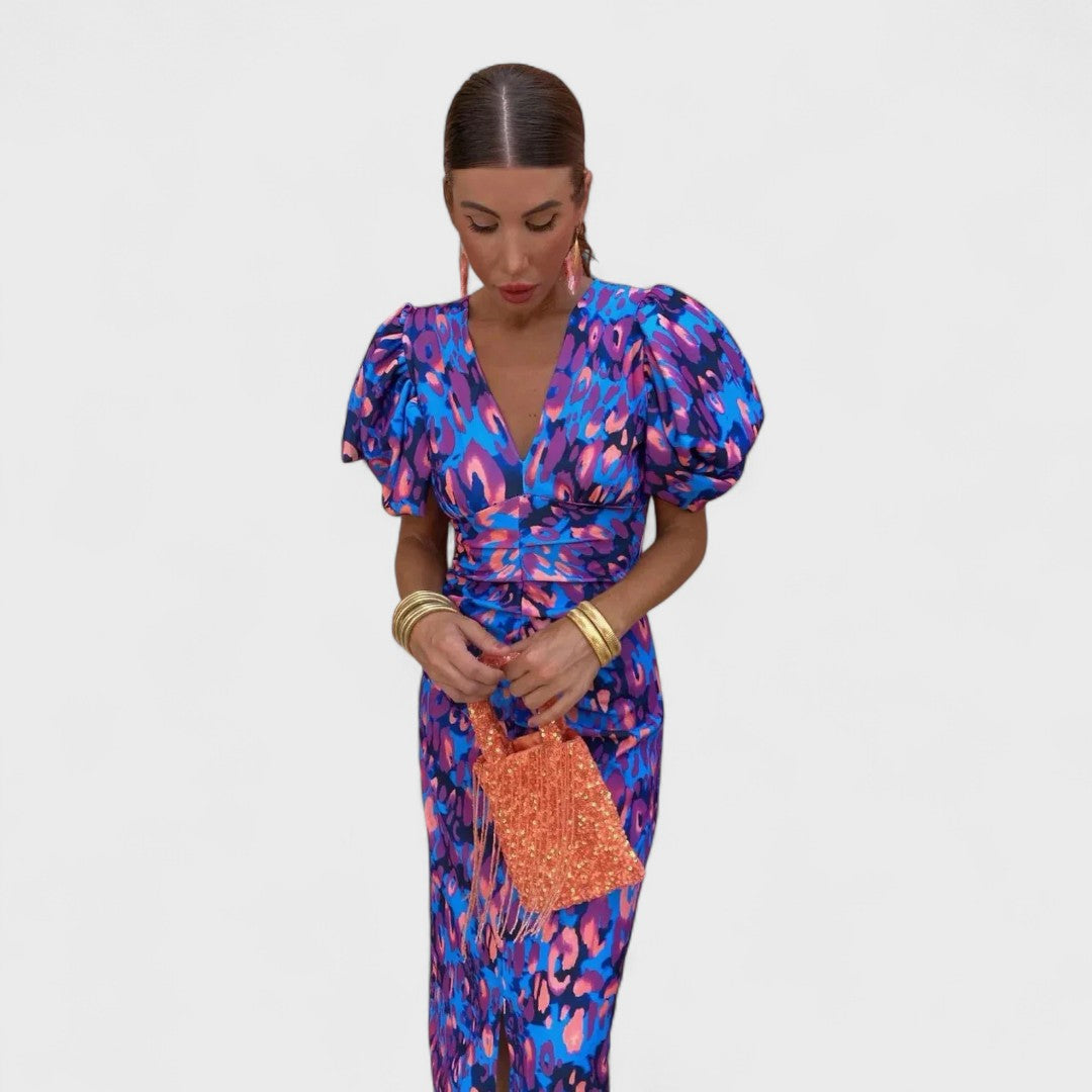 Arielle - Buntes Midi-Kleid mit Plisseeärmeln