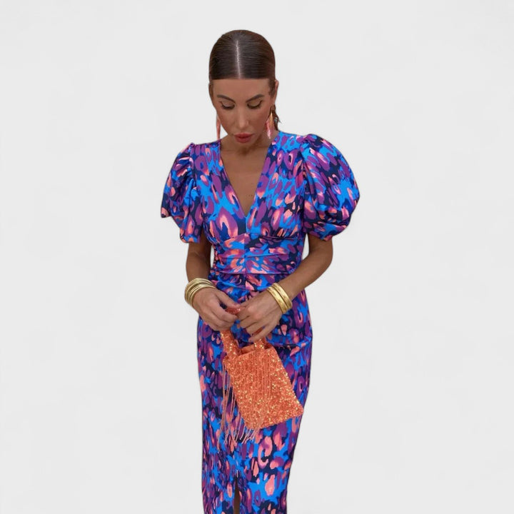Arielle - Buntes Midi-Kleid mit Plisseeärmeln