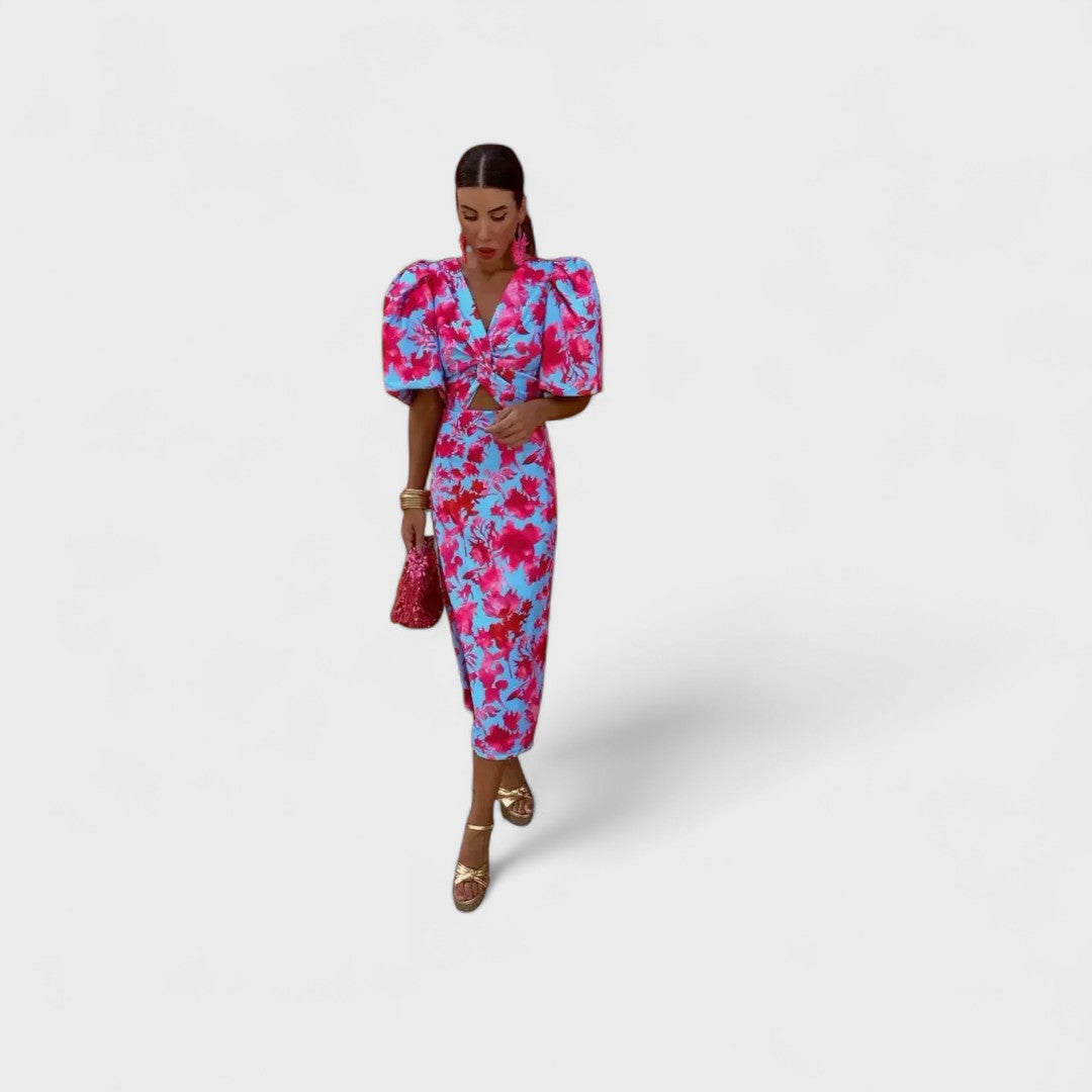 Arielle - Buntes Midi-Kleid mit Plisseeärmeln