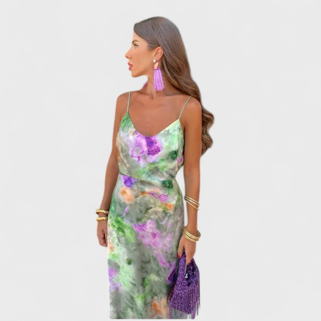 Anisten - Elegantes Maxikleid mit Halo-Dye Druck und abnehmbarer Schal