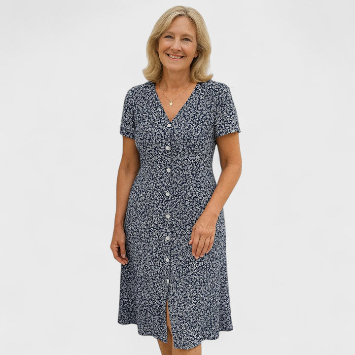 Sarah | Knopfkleid mit femininem V-Ausschnitt & Komfort-Stretch