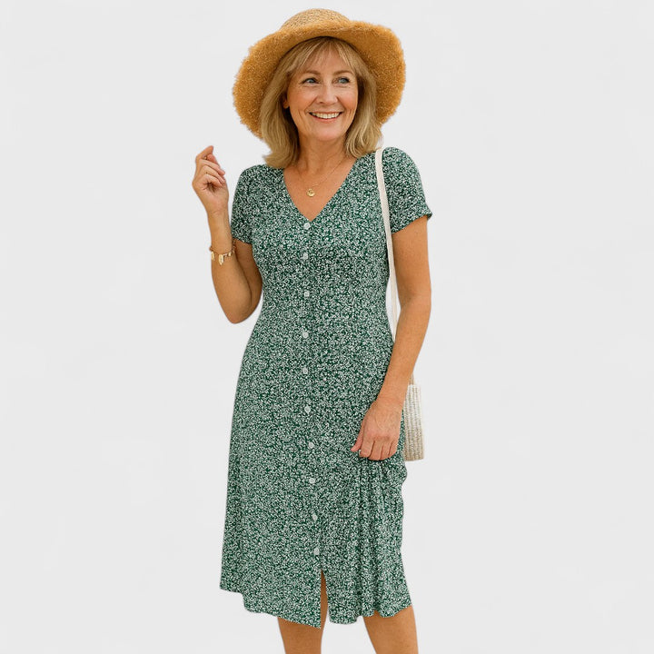 Sarah | Knopfkleid mit femininem V-Ausschnitt & Komfort-Stretch
