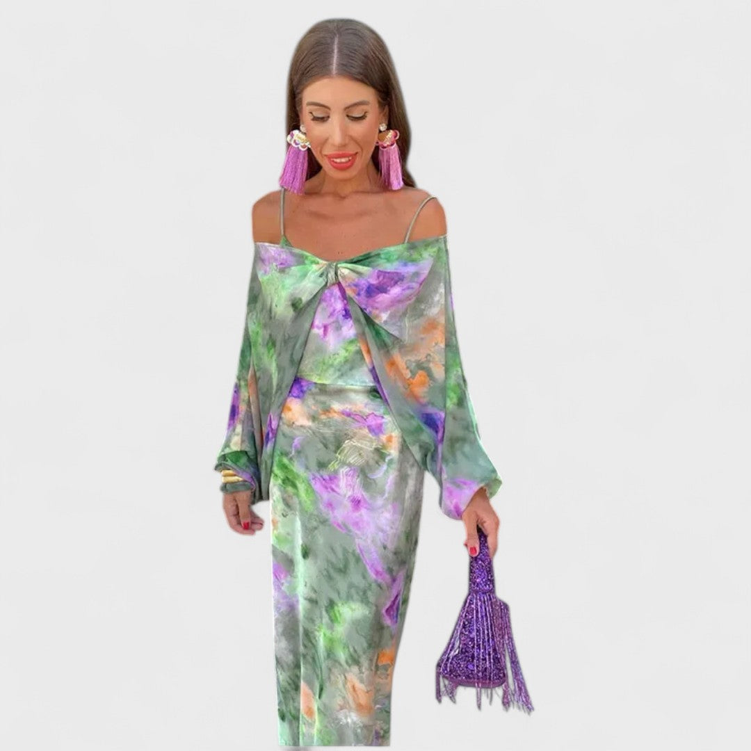 Anisten - Elegantes Maxikleid mit Halo-Dye Druck und abnehmbarer Schal